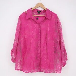 Erika Shirt Womens 2X Lushberry Pink Sheer Floral Lace Button-Down Set New